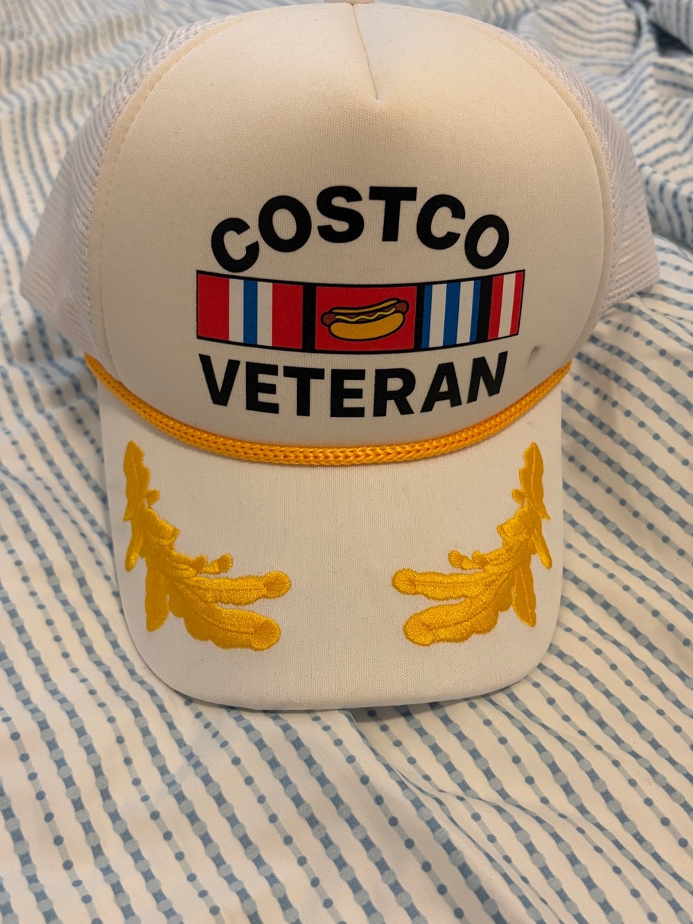 Costco Veteran Trucker Hat in White with Yellow Accents